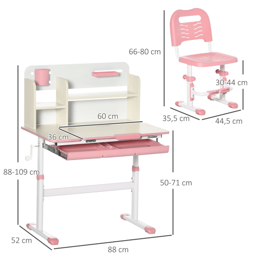 HOMCOM Conjunto de Secretária e Cadeira para Crianças acima de 3 Anos com Altura Ajustável Secretária Infantil com Bancada Inclinável Gaveta e Prateleira para Livros 80x52x88x109cm e 35,5x44,5x66-80cm Rosa