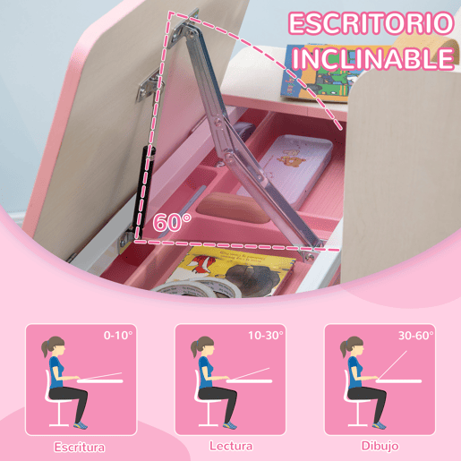 HOMCOM Conjunto de Secretária e Cadeira para Crianças acima de 3 Anos com Altura Ajustável Secretária Infantil com Bancada Inclinável Gaveta e Prateleira para Livros 80x52x88x109cm e 35,5x44,5x66-80cm Rosa