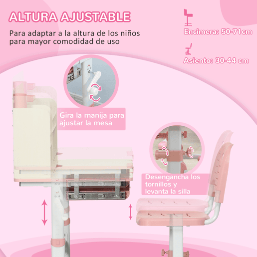 HOMCOM Conjunto de Secretária e Cadeira para Crianças acima de 3 Anos com Altura Ajustável Secretária Infantil com Bancada Inclinável Gaveta e Prateleira para Livros 80x52x88x109cm e 35,5x44,5x66-80cm Rosa