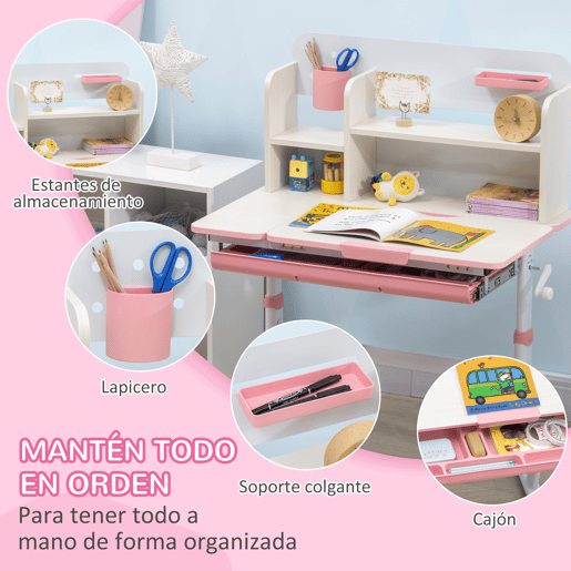 HOMCOM Conjunto de Secretária e Cadeira para Crianças acima de 3 Anos com Altura Ajustável Secretária Infantil com Bancada Inclinável Gaveta e Prateleira para Livros 80x52x88x109cm e 35,5x44,5x66-80cm Rosa
