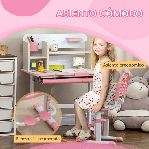 HOMCOM Conjunto de Secretária e Cadeira para Crianças acima de 3 Anos com Altura Ajustável Secretária Infantil com Bancada Inclinável Gaveta e Prateleira para Livros 80x52x88x109cm e 35,5x44,5x66-80cm Rosa