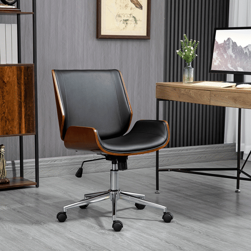 Vinsetto Cadeira de Escritório Operativa Giratória de PU com Altura Ajustável Função Inclinação e Rodas para Sala de Estar Dormitório Estúdio Carga Máxima 120kg 51x65,5x82-92cm Preto