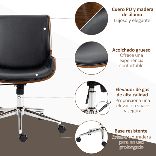 Vinsetto Cadeira de Escritório Operativa Giratória de PU com Altura Ajustável Função Inclinação e Rodas para Sala de Estar Dormitório Estúdio Carga Máxima 120kg 51x65,5x82-92cm Preto