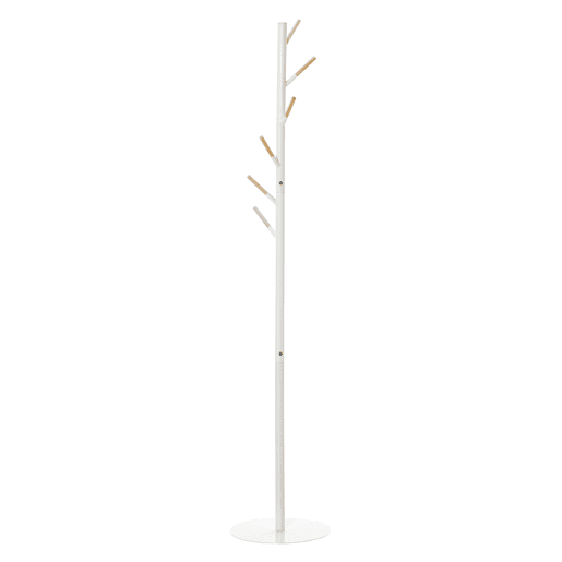 HOMCOM Cabide de Pé de Madeira Cabide de Pé com 6 Ganchos para Roupa Bolsas e Estrutura de Metal para Sala de Estar Entrada Dormitório 35x35x174cm Branco e Madeira