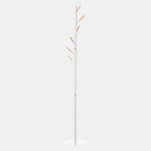 HOMCOM Cabide de Pé de Madeira Cabide de Pé com 6 Ganchos para Roupa Bolsas e Estrutura de Metal para Sala de Estar Entrada Dormitório 35x35x174cm Branco e Madeira