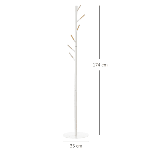 HOMCOM Cabide de Pé de Madeira Cabide de Pé com 6 Ganchos para Roupa Bolsas e Estrutura de Metal para Sala de Estar Entrada Dormitório 35x35x174cm Branco e Madeira
