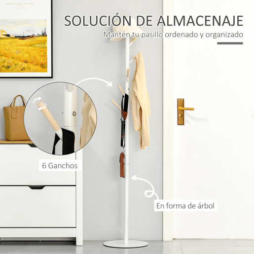 HOMCOM Cabide de Pé de Madeira Cabide de Pé com 6 Ganchos para Roupa Bolsas e Estrutura de Metal para Sala de Estar Entrada Dormitório 35x35x174cm Branco e Madeira