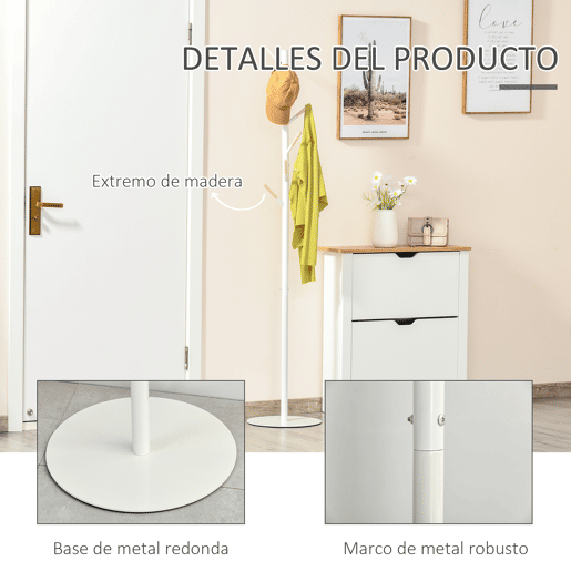 HOMCOM Cabide de Pé de Madeira Cabide de Pé com 6 Ganchos para Roupa Bolsas e Estrutura de Metal para Sala de Estar Entrada Dormitório 35x35x174cm Branco e Madeira