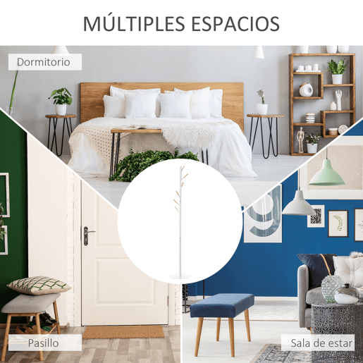 HOMCOM Cabide de Pé de Madeira Cabide de Pé com 6 Ganchos para Roupa Bolsas e Estrutura de Metal para Sala de Estar Entrada Dormitório 35x35x174cm Branco e Madeira