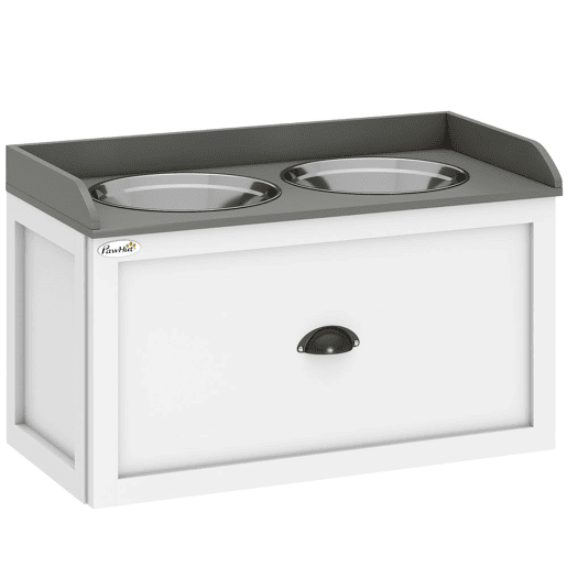 PawHut Comedouro Elevado para Cães Comedouro para Cães com 2 Tigelas 2000ml de Aço Inoxidável Gaveta Oculta com Suporte de Madeira para Animais de Estimação 60x30x36cm Branco