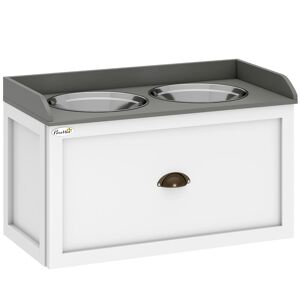 PawHut Comedouro Elevado para Cães Comedouro para Cães com 2 Tigelas 2000ml de Aço Inoxidável Gaveta Oculta com Suporte de Madeira para Animais de Estimação 60x30x36cm Branco