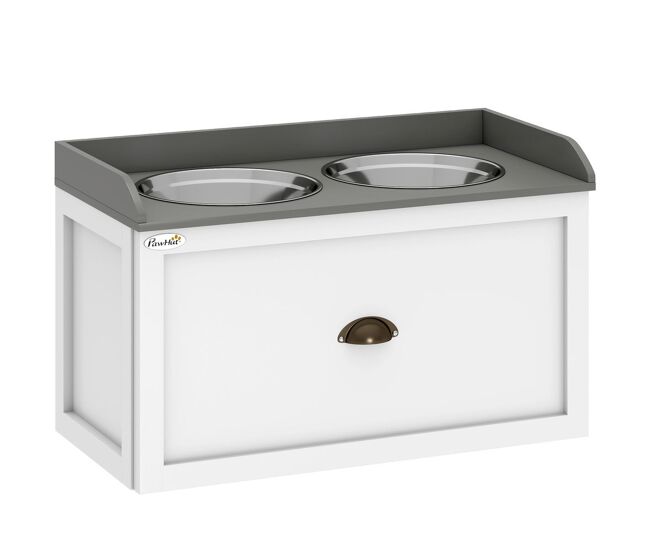 Pawhut comedero elevado para perros grandes cuencos para perros con 2 tazones 2000ml de acero inoxidable y cajón oculto soporte de madera para mascotas 60x30x36 cm blanco