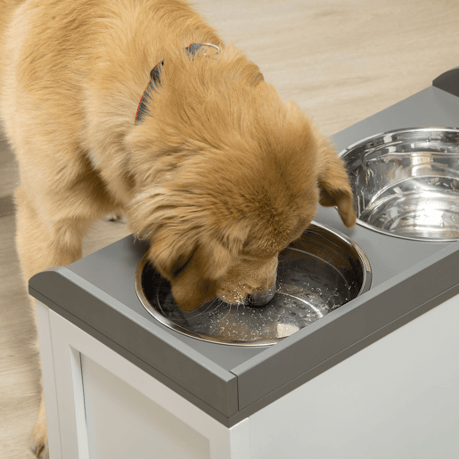 PawHut Comedouro Elevado para Cães Comedouro para Cães com 2 Tigelas 2000ml de Aço Inoxidável Gaveta Oculta com Suporte de Madeira para Animais de Estimação 60x30x36cm Branco