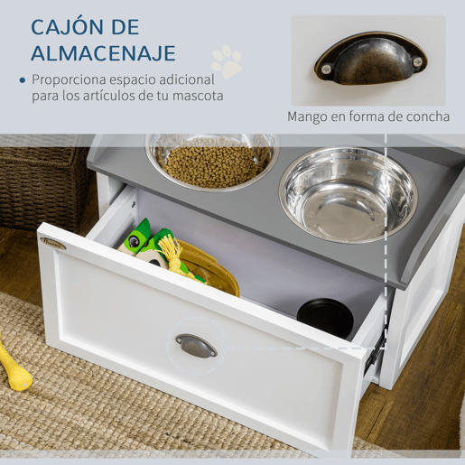PawHut Comedouro Elevado para Cães Comedouro para Cães com 2 Tigelas 2000ml de Aço Inoxidável Gaveta Oculta com Suporte de Madeira para Animais de Estimação 60x30x36cm Branco