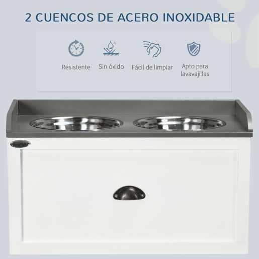 PawHut Comedouro Elevado para Cães Comedouro para Cães com 2 Tigelas 2000ml de Aço Inoxidável Gaveta Oculta com Suporte de Madeira para Animais de Estimação 60x30x36cm Branco