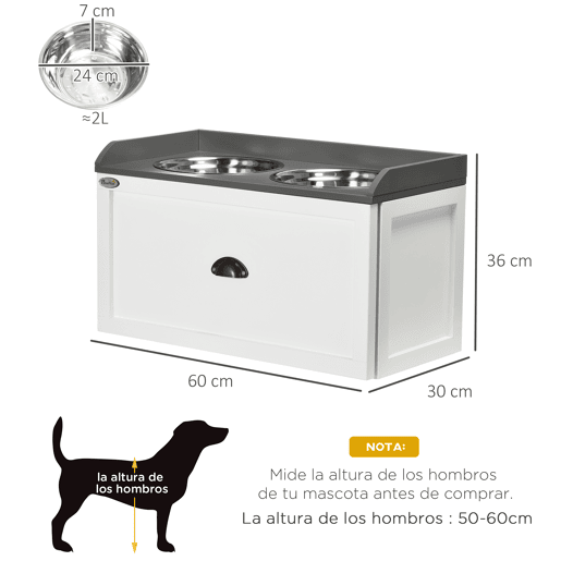 PawHut Comedouro Elevado para Cães Comedouro para Cães com 2 Tigelas 2000ml de Aço Inoxidável Gaveta Oculta com Suporte de Madeira para Animais de Estimação 60x30x36cm Branco