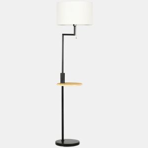 HOMCOM Candeeiro de Pé com Mesa Auxiliar Candeeiro com Prateleira Lâmpada E27 Máx. 40W com Ecrã de Linho Interruptor de Corrente e Carregador USB para Sala de Estar Ø40x168cm Preto e Madeira