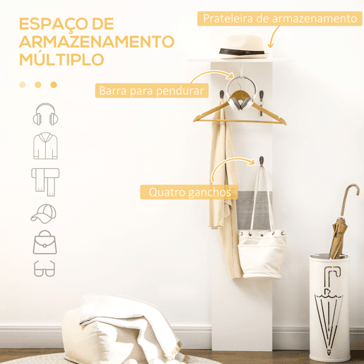 HOMCOM Móvel Cabide de Entrada com 4 Ganchos Cabide de Parede com Barra Suspensa de Alumínio para Entrada Dormitório Corredor 50x23,5x160cm Branco e Cinza