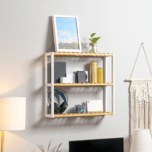 HOMCOM Prateleira de parede de bambu Prateleira de parede de 3 níveis Prateleira flutuante para sala de estar Quarto Cozinha Casa de banho 60x15x54 cm Natural e branco HOMCOM Prateleira de parede de bambu Prateleira de parede de 3 níveis Prateleira flutuante para sala de estar Quarto Cozinha Casa de banho 60x15x54 cm Natural e branco