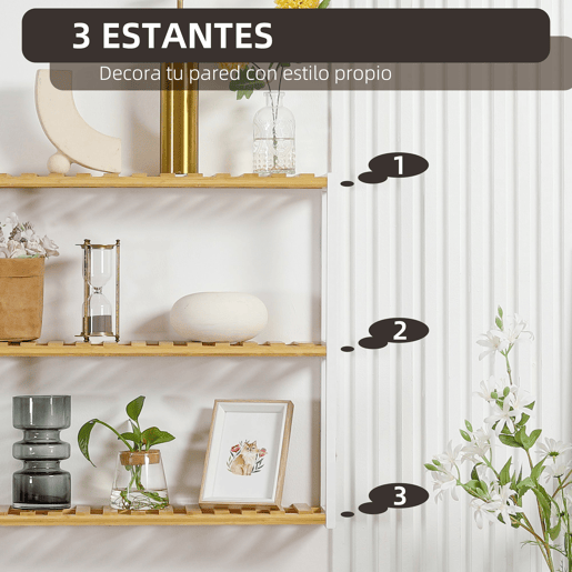 HOMCOM Prateleira de parede de bambu Prateleira de parede de 3 níveis Prateleira flutuante para sala de estar Quarto Cozinha Casa de banho 60x15x54 cm Natural e branco HOMCOM Prateleira de parede de bambu Prateleira de parede de 3 níveis Prateleira flutuante para sala de estar Quarto Cozinha Casa de banho 60x15x54 cm Natural e branco