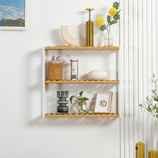 HOMCOM Prateleira de parede de bambu Prateleira de parede de 3 níveis Prateleira flutuante para sala de estar Quarto Cozinha Casa de banho 60x15x54 cm Natural e branco HOMCOM Prateleira de parede de bambu Prateleira de parede de 3 níveis Prateleira flutuante para sala de estar Quarto Cozinha Casa de banho 60x15x54 cm Natural e branco
