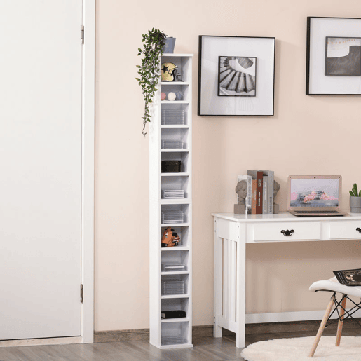 HOMCOM Conjunto de 2 Estantes para CDs e DVDs, Suportes para CDs Compactos com 12 Compartimentos, Prateleiras Ajustáveis, Estantes para Sala, Escritório, 21x22,5x88,5 cm, Branco