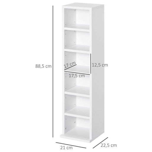 HOMCOM Conjunto de 2 Estantes para CDs e DVDs, Suportes para CDs Compactos com 12 Compartimentos, Prateleiras Ajustáveis, Estantes para Sala, Escritório, 21x22,5x88,5 cm, Branco