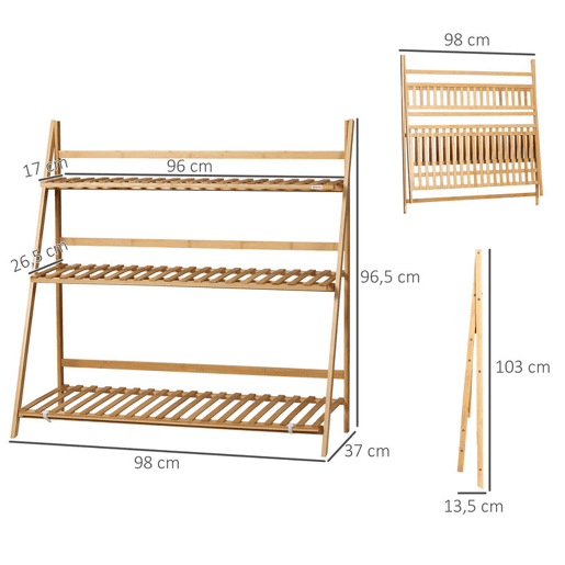 Outsunny Suporte para Plantas de 3 Níveis de Bambu Suporte para Flores Dobrável para Interior e Exterior 98x37x96,5cm Madeira