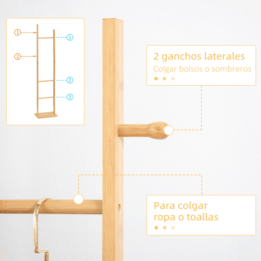 HOMCOM Cabide de Pé de Bambu Cabide de Pé para Roupas com 2 Ganchos e 3 Barras Suspensas para Entrada Corredor Dormitório Estilo Moderno 36x24x168cm Madeira HOMCOM Cabide de Pé de Bambu Cabide de Pé para Roupas com 2 Ganchos e 3 Barras Suspensas para Entrada Corredor Dormitório Estilo Moderno 36x24x168cm Madeira