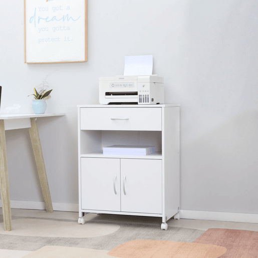 Vinsetto Armário para Impressora Móvel para Impressora com Rodas Gaveta 2 Portas e Compartimento Aberto para Sala de Estar Escritório Estúdio 60x39x80cm Branco