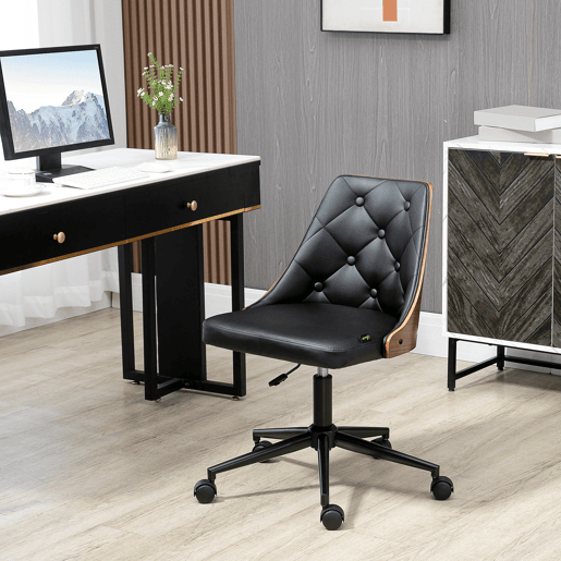 Vinsetto Cadeira de Escritório Operativa Estofada em Couro PU com Altura Ajustável Função Basculante 54x54,5x76-86cm Preto e Nogueira