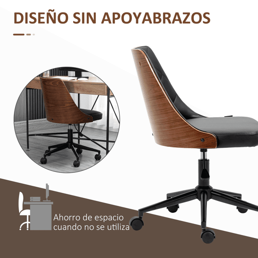 Vinsetto Cadeira de Escritório Operativa Estofada em Couro PU com Altura Ajustável Função Basculante 54x54,5x76-86cm Preto e Nogueira