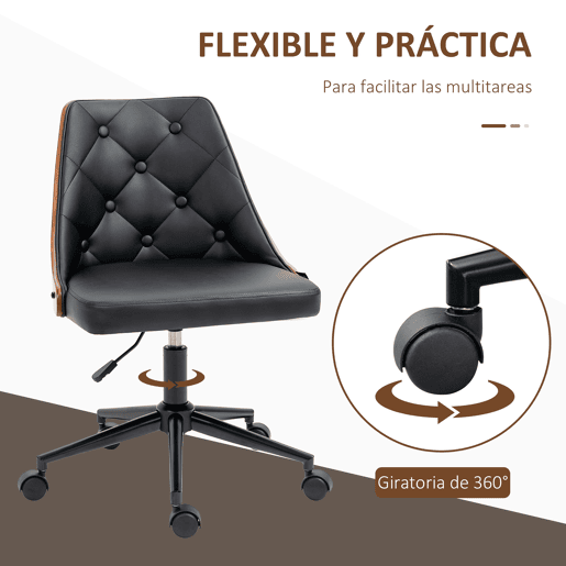 Vinsetto Cadeira de Escritório Operativa Estofada em Couro PU com Altura Ajustável Função Basculante 54x54,5x76-86cm Preto e Nogueira