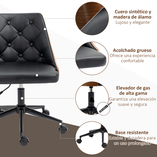 Vinsetto Cadeira de Escritório Operativa Estofada em Couro PU com Altura Ajustável Função Basculante 54x54,5x76-86cm Preto e Nogueira