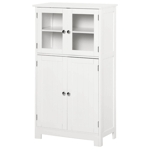 kleankin Armário Casa de Banho Móvel Auxiliar com Portas de Vidro Temperado e Prateleiras Ajustáveis para Cozinha Sala de Jantar Sala de Estar 60x30x108,5cm Branco