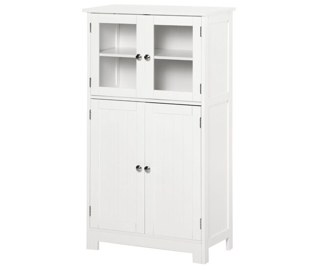 Kleankin columna de baño armario auxiliar de baño con puertas de vidrio templado y estante ajustable para cocina comedor salón 60x30x108,5 cm blanco