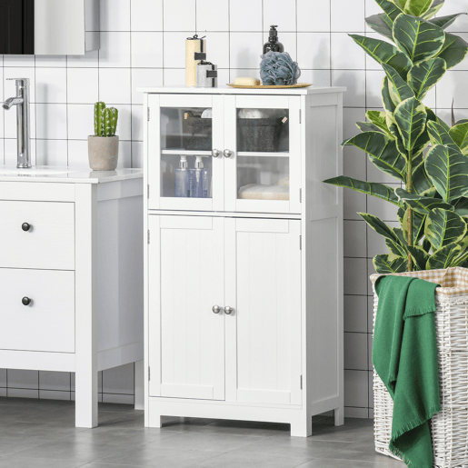 kleankin Armário Casa de Banho Móvel Auxiliar com Portas de Vidro Temperado e Prateleiras Ajustáveis para Cozinha Sala de Jantar Sala de Estar 60x30x108,5cm Branco