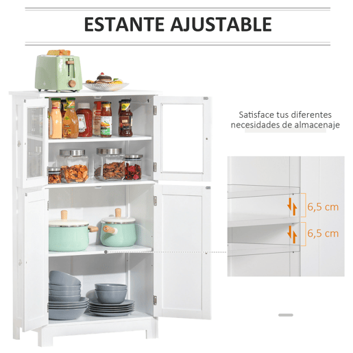 kleankin Armário Casa de Banho Móvel Auxiliar com Portas de Vidro Temperado e Prateleiras Ajustáveis para Cozinha Sala de Jantar Sala de Estar 60x30x108,5cm Branco