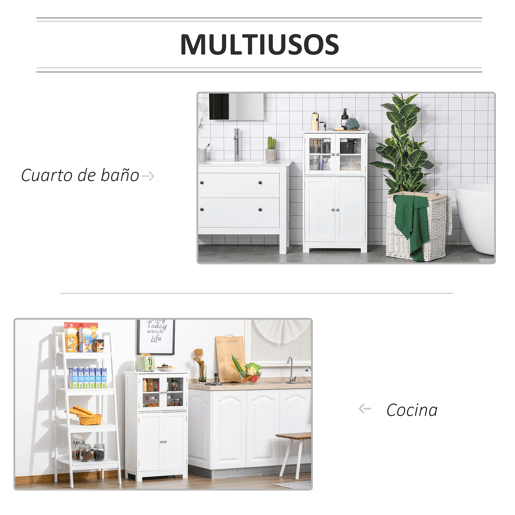 kleankin Armário Casa de Banho Móvel Auxiliar com Portas de Vidro Temperado e Prateleiras Ajustáveis para Cozinha Sala de Jantar Sala de Estar 60x30x108,5cm Branco