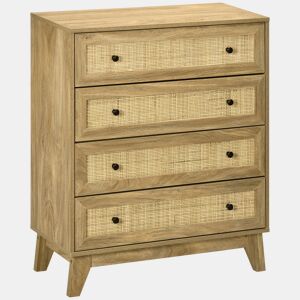 HOMCOM Cómoda com 4 Gavetas Cómoda de Madeira com Gavetas de Vime e Pés Elevados para Sala de Estar Dormitório Escritório 80x35x95cm Madeira