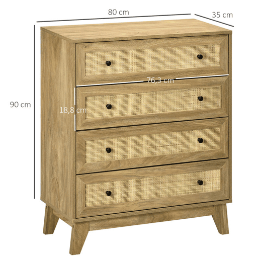 HOMCOM Cómoda com 4 Gavetas Cómoda de Madeira com Gavetas de Vime e Pés Elevados para Sala de Estar Dormitório Escritório 80x35x95cm Madeira