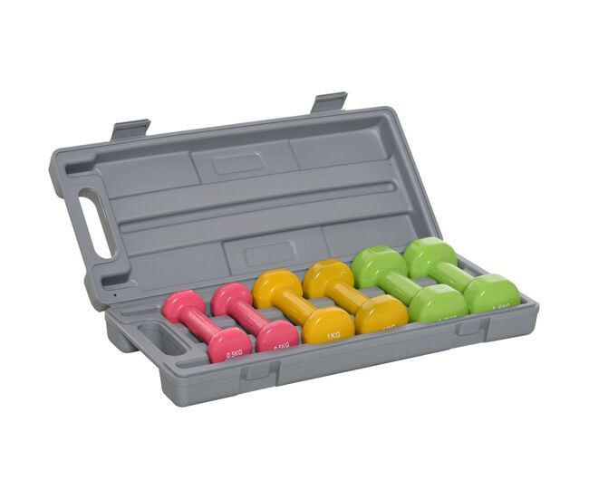 Homcom juego de mancuernas de 6 piezas total 6 kg, 2x1,5 kg, 2x1 kg, y 2x0,5 kg, mancuernas hexagonales con revestimiento de pu con maletín para ejercicio en casa, gimnasio, multicolor