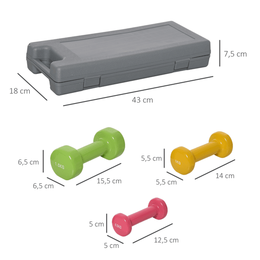 HOMCOM Conjunto de Halteres de 6 Peças Total de 6 kg, 2x1,5 kg, 2x1 kg e 2x0,5 kg, Halteres Hexagonais com Revestimento de PU com Mala para Exercícios em Casa, Ginásio, Multicolor