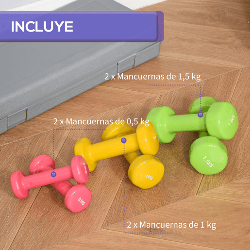 HOMCOM Conjunto de Halteres de 6 Peças Total de 6 kg, 2x1,5 kg, 2x1 kg e 2x0,5 kg, Halteres Hexagonais com Revestimento de PU com Mala para Exercícios em Casa, Ginásio, Multicolor