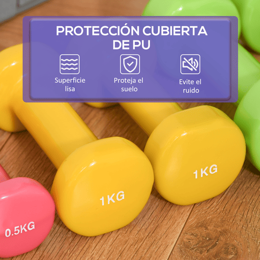HOMCOM Conjunto de Halteres de 6 Peças Total de 6 kg, 2x1,5 kg, 2x1 kg e 2x0,5 kg, Halteres Hexagonais com Revestimento de PU com Mala para Exercícios em Casa, Ginásio, Multicolor