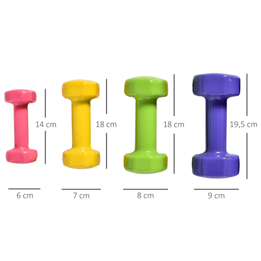 HOMCOM Jogo de 8 Halteres Hexagonais 4 Pares 4kg 3kg 2kg 1kg com Revestimento Pesos para Exercícios em Casa Academia Aço Multicolor