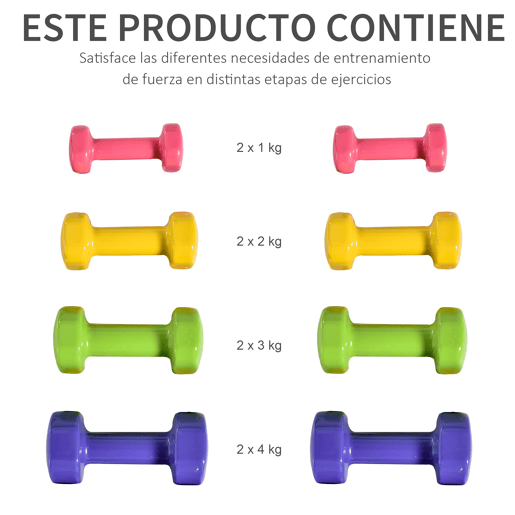 HOMCOM Jogo de 8 Halteres Hexagonais 4 Pares 4kg 3kg 2kg 1kg com Revestimento Pesos para Exercícios em Casa Academia Aço Multicolor