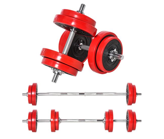 Homcom juego de mancuernas ajustables 4 en 1 20 kg como barra, mancuernas, con 8 discos 2 barras y biela ajustable para entrenamiento de fuerza, levantamiento de pesas, hogar, gimnasio, oficina
