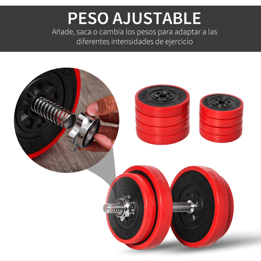 HOMCOM Conjunto de Halteres 20kg Ajustáveis 2 em 1 com 8 Discos 2 Barras e Extensor Ajustável para Treinamento de Força Levantamento de Pesos Casa Academia Escritórios Preto e Vermelho