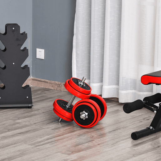 HOMCOM Conjunto de Halteres 20kg Ajustáveis 2 em 1 com 8 Discos 2 Barras e Extensor Ajustável para Treinamento de Força Levantamento de Pesos Casa Academia Escritórios Preto e Vermelho